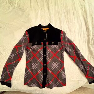 Tory Burch black velvet collar and cuffs with plaid fabric.